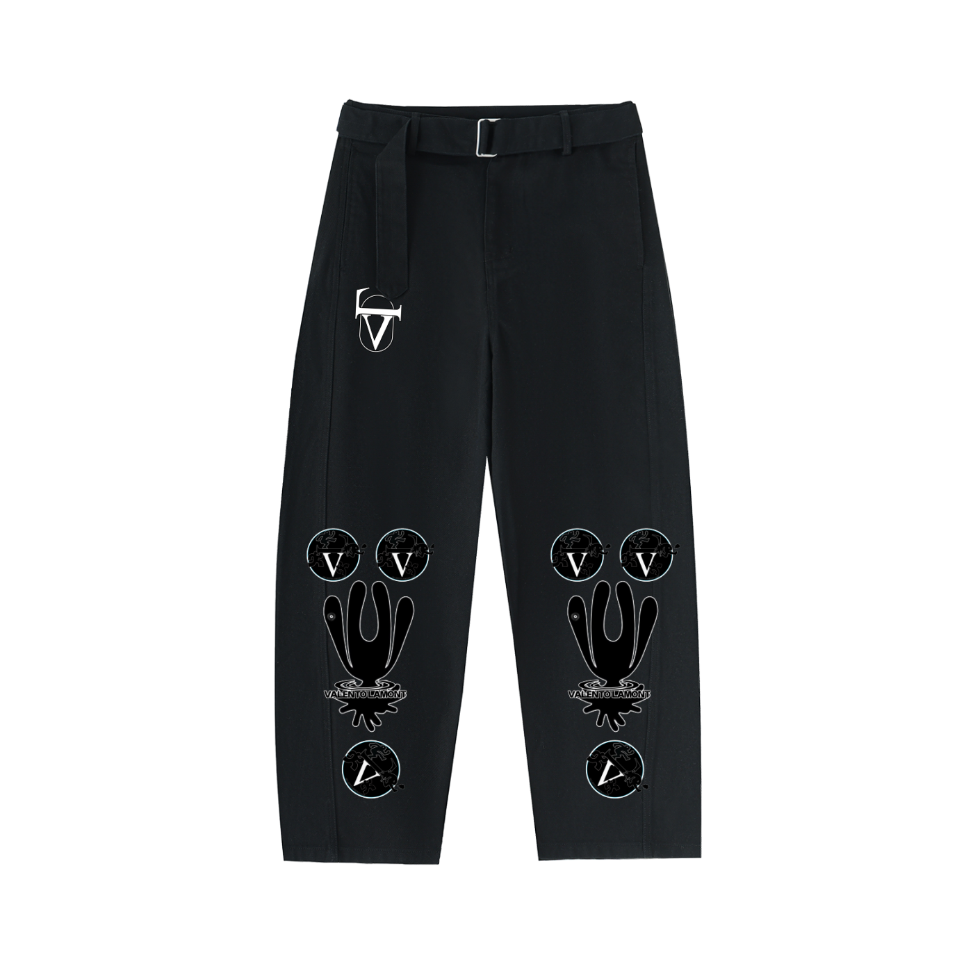 Twisted-Seam Belted Curved-Blade Pants
