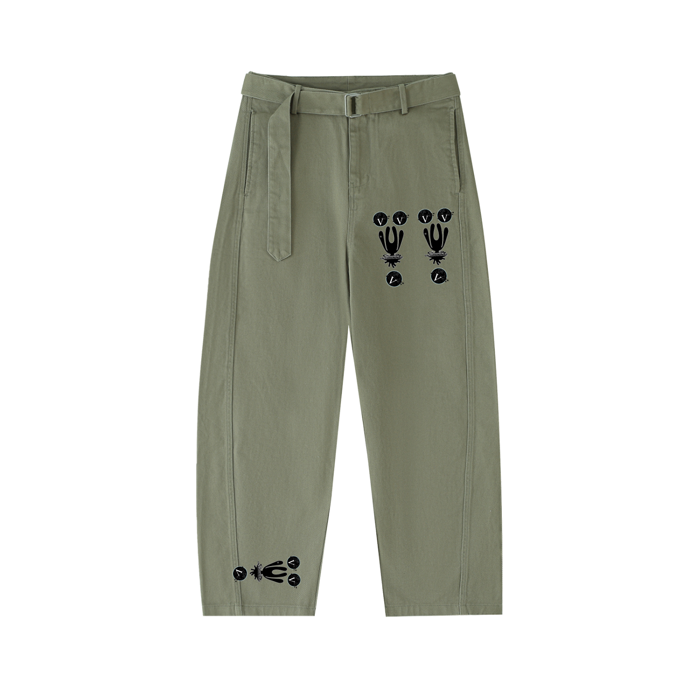 Twisted-Seam Belted Curved-Blade Pants