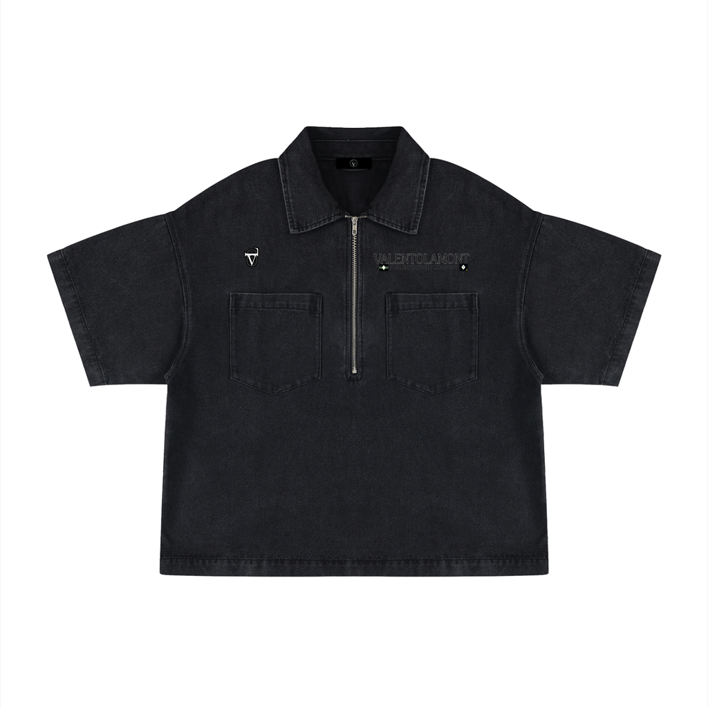 Unisex Vintage Wash Boxy Quarter-Zip Denim Shirt