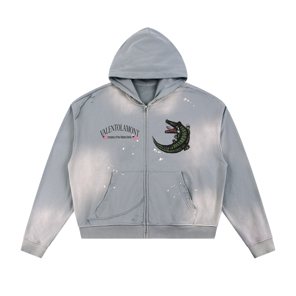 Sun Fade Frayed Raw Edge Fleece Zip Hoodie