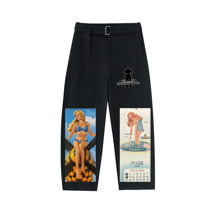 Twisted-Seam Belted Curved-Blade Pants
