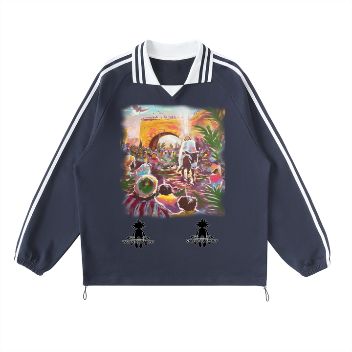 Contrast Striped Lapel Collar Sweatshirt