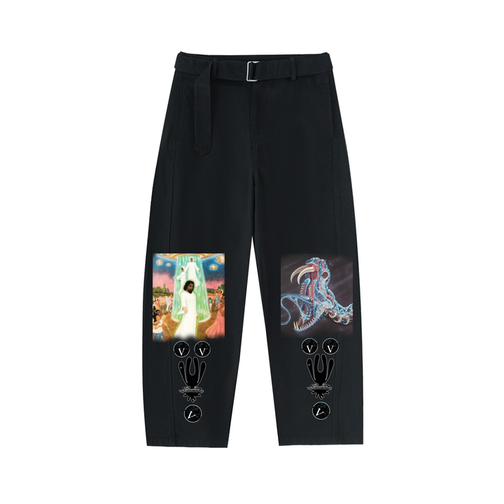 Twisted-Seam Belted Curved-Blade Pants