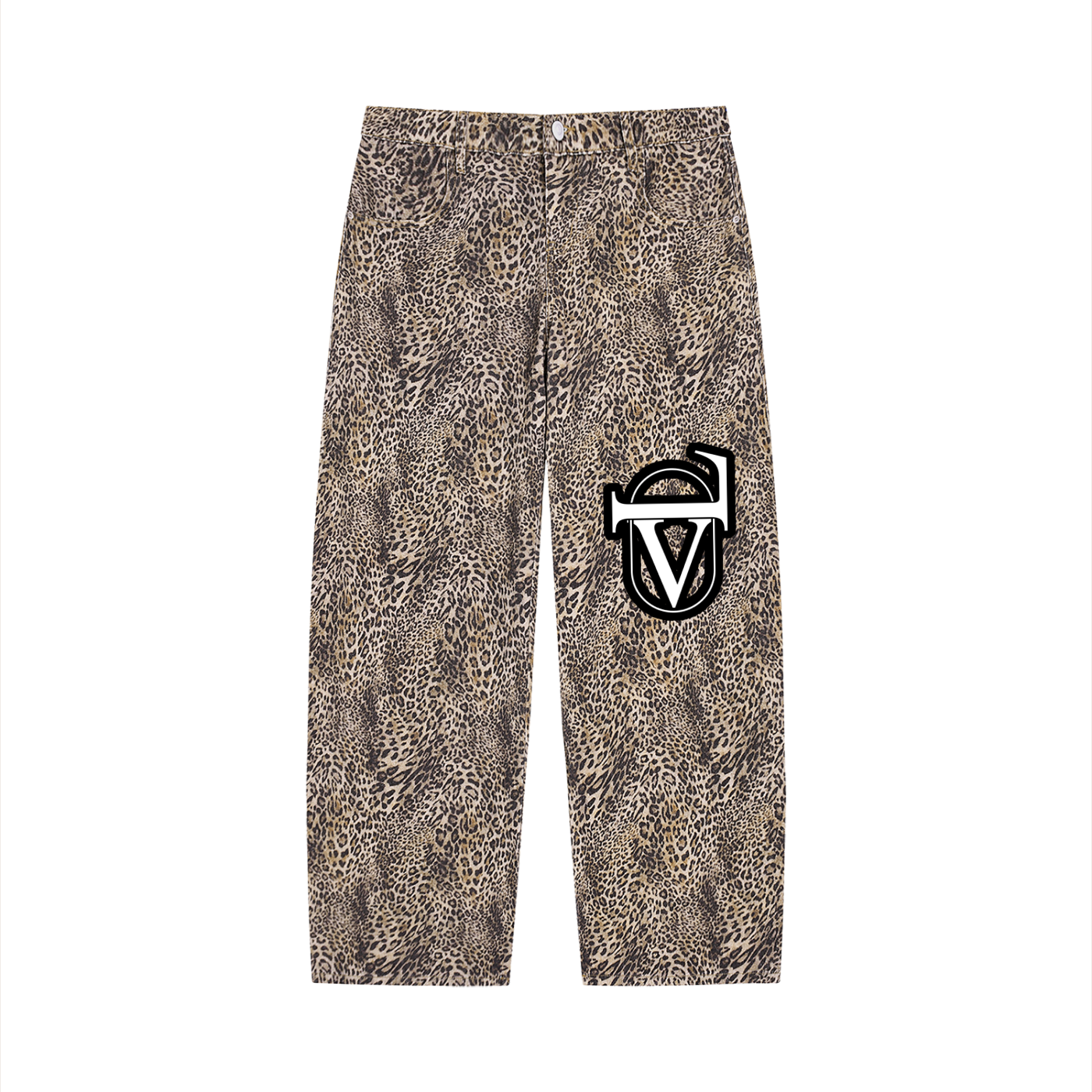 Unisex Vintage Wash Leopard Wide Leg Jeans