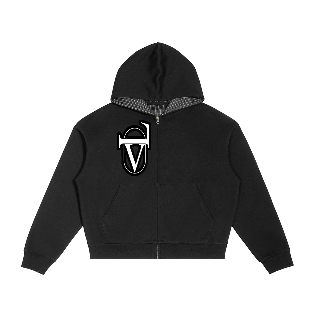 Contrast Plaid Boxy Zip Hoodie