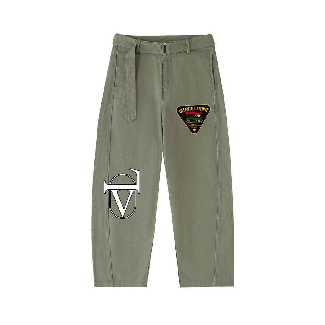 Twisted-Seam Belted Curved-Blade Pants