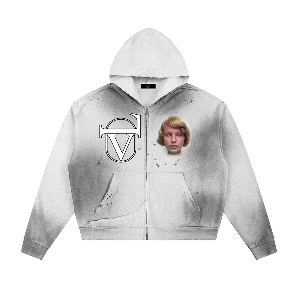 Sun Fade Frayed Raw Edge Fleece Zip Hoodie