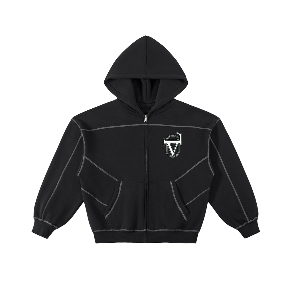 Contrast-Stitched Boxy Fleece Zip Hoodie