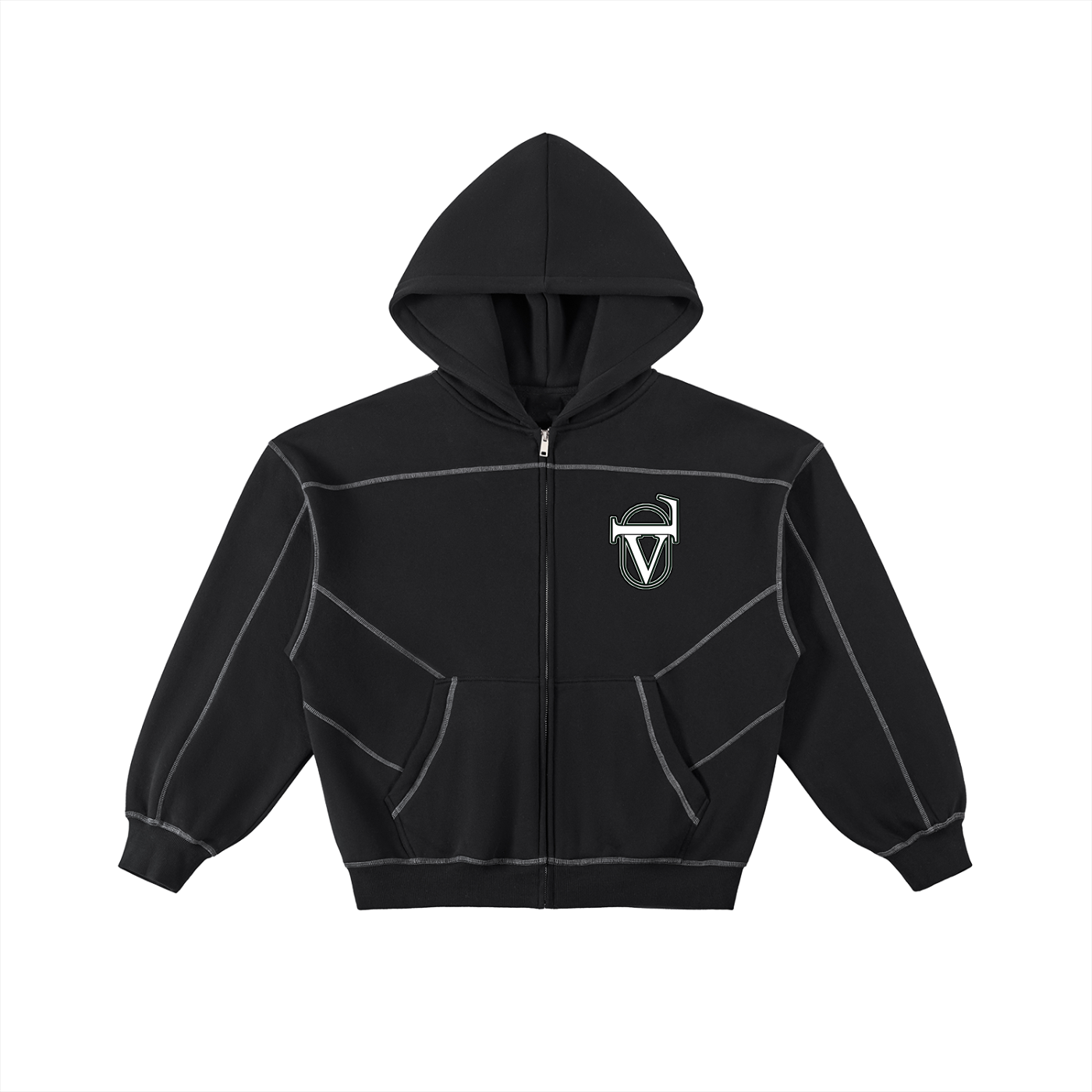 Contrast-Stitched Boxy Fleece Zip Hoodie