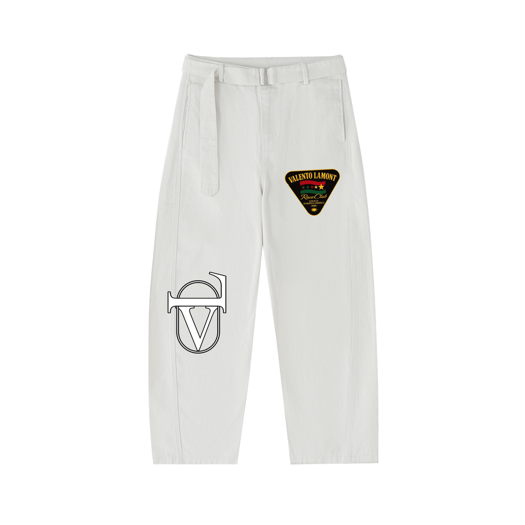 Twisted-Seam Belted Curved-Blade Pants