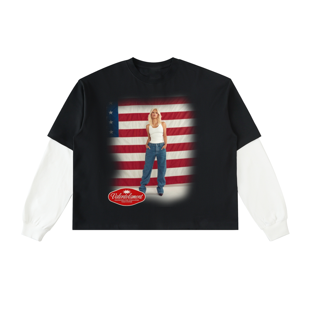 Layered Contrast Sleeve Cotton T-Shirt