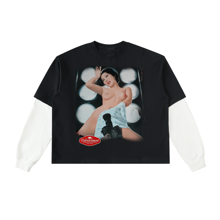 Layered Contrast Sleeve Cotton T-Shirt