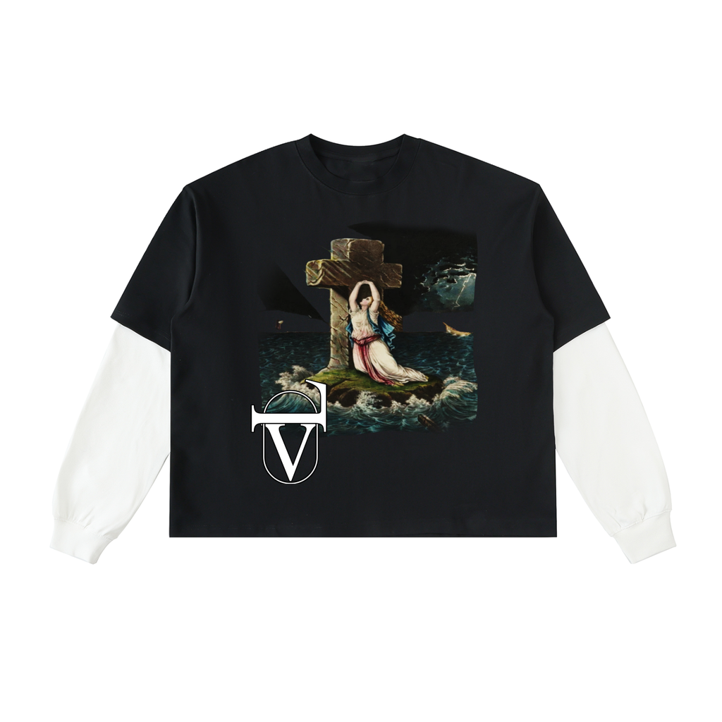Layered Contrast Sleeve Cotton T-Shirt