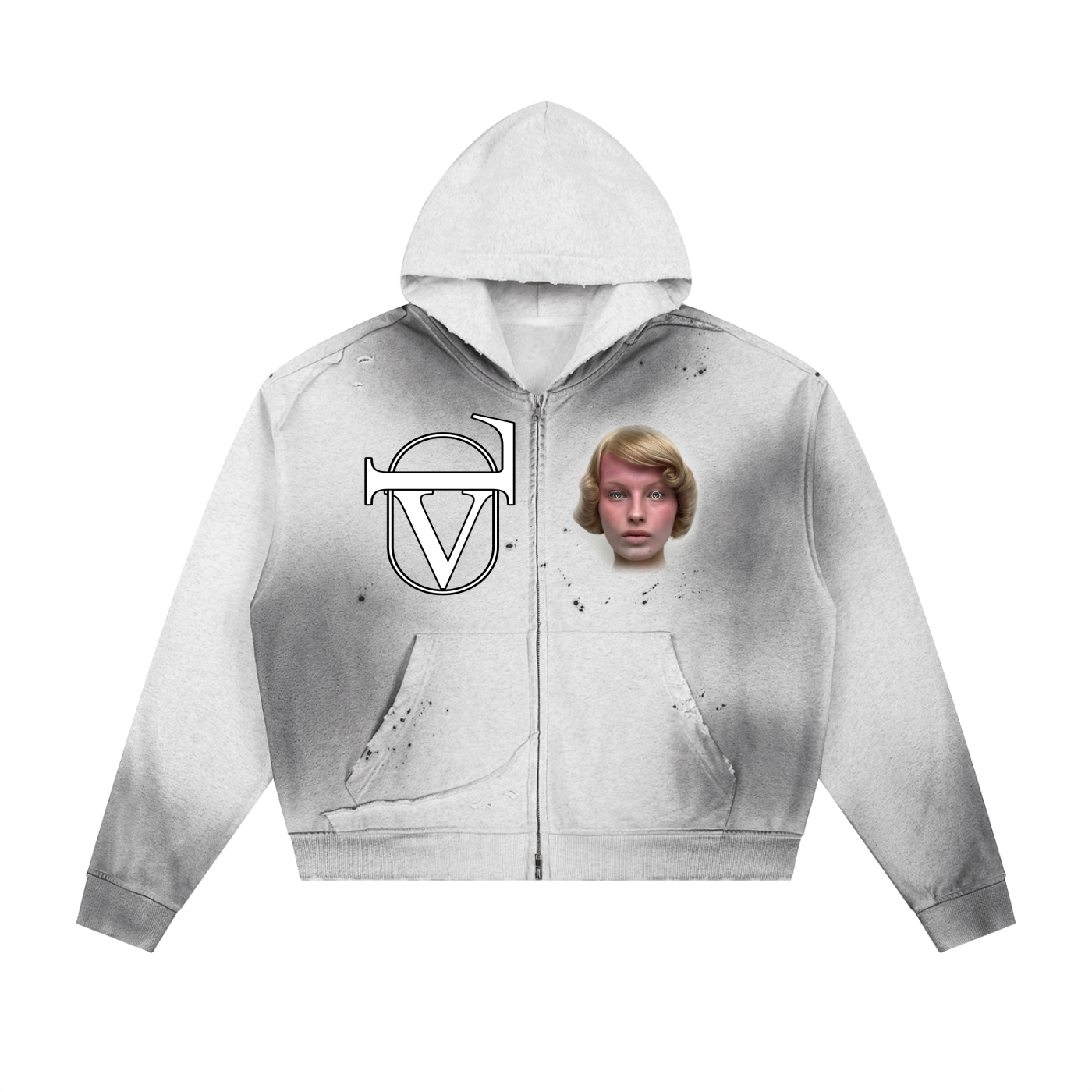 Sun Fade Frayed Raw Edge Fleece Zip Hoodie