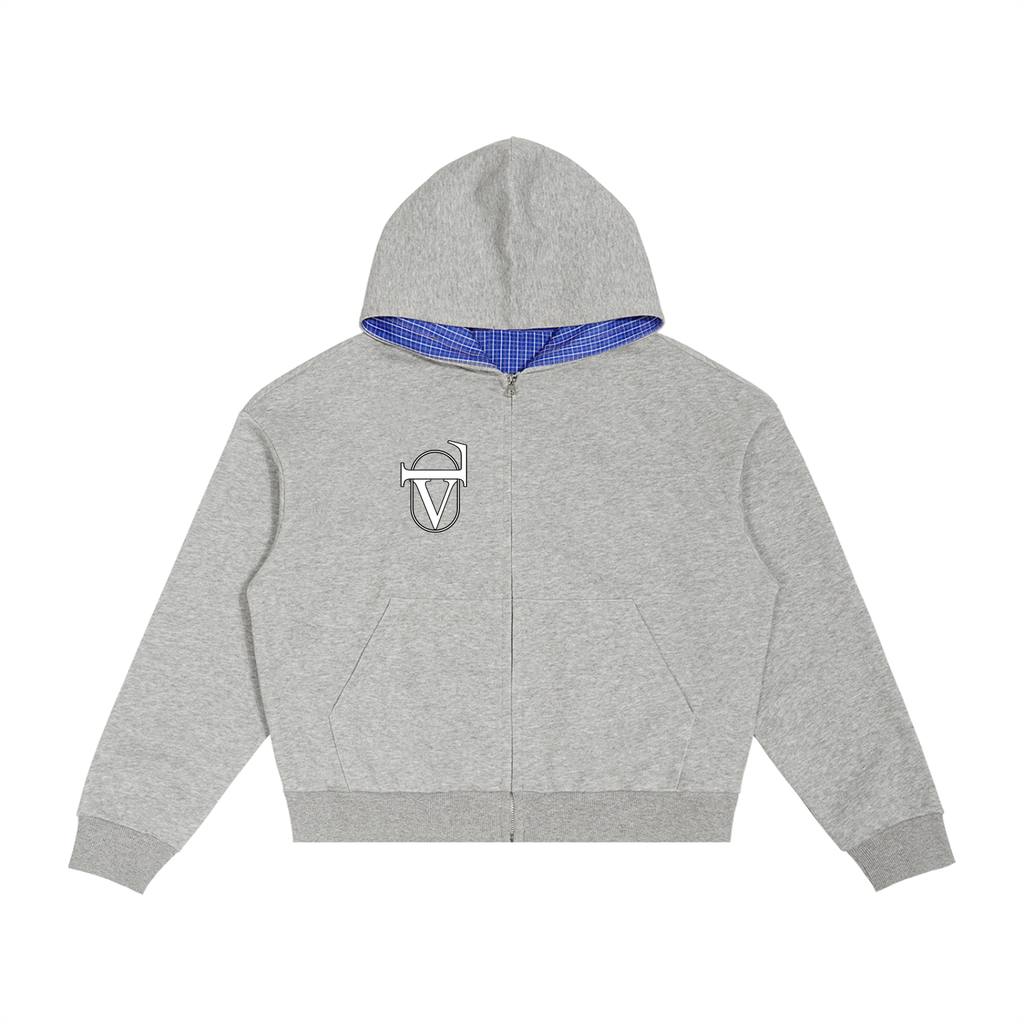 Contrast Plaid Boxy Zip Hoodie