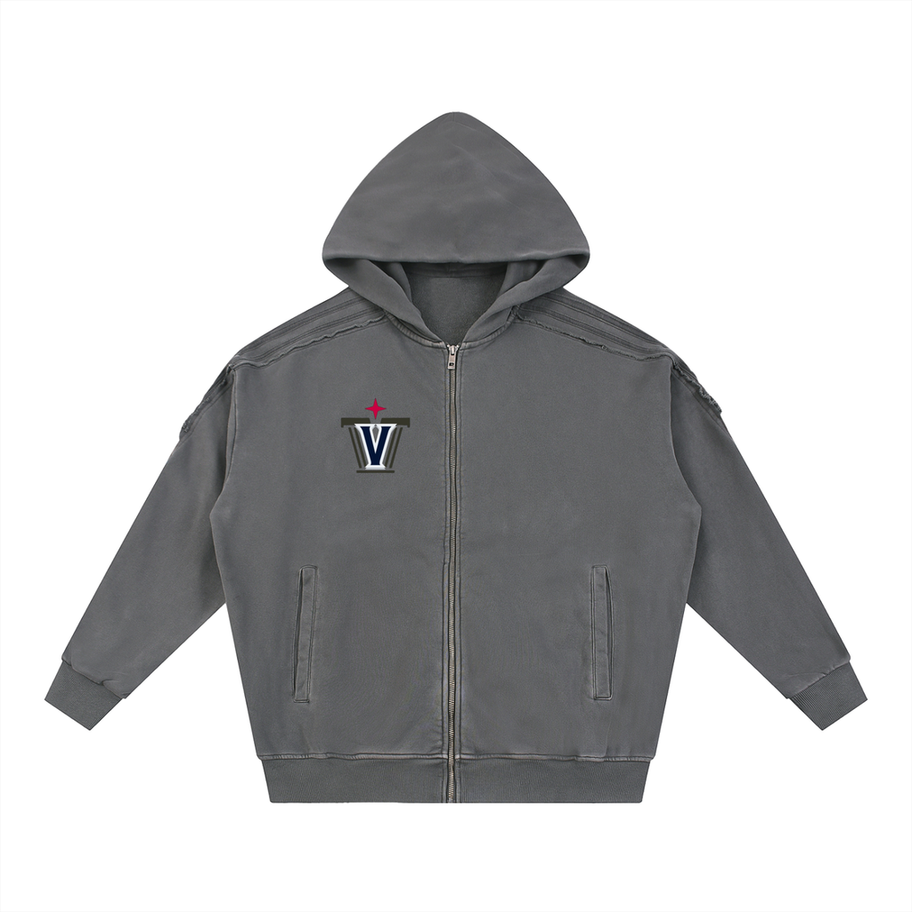 Snow Washed Tape Raw Edge Zip Hoodie