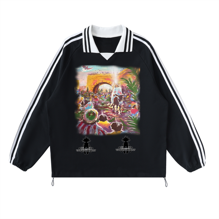 Contrast Striped Lapel Collar Sweatshirt