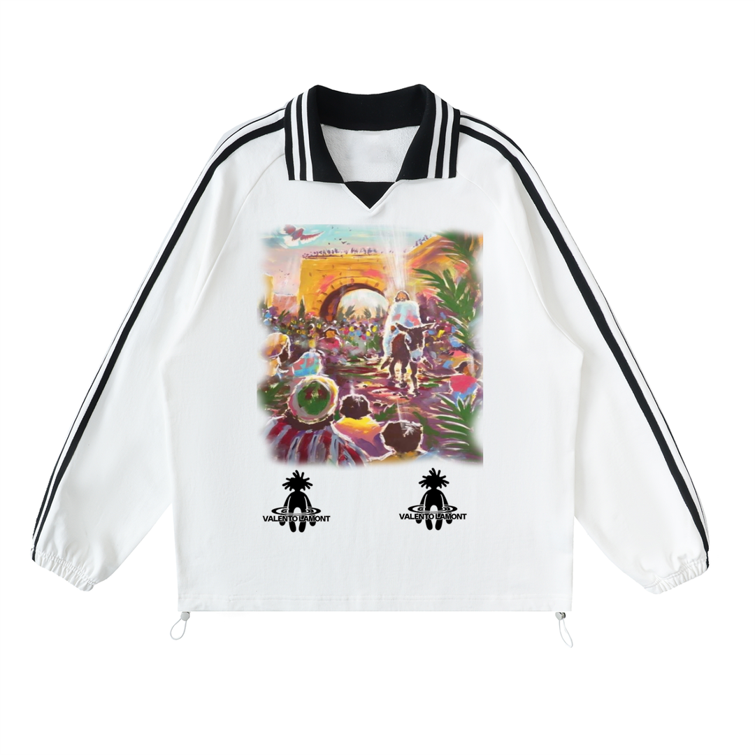 Contrast Striped Lapel Collar Sweatshirt
