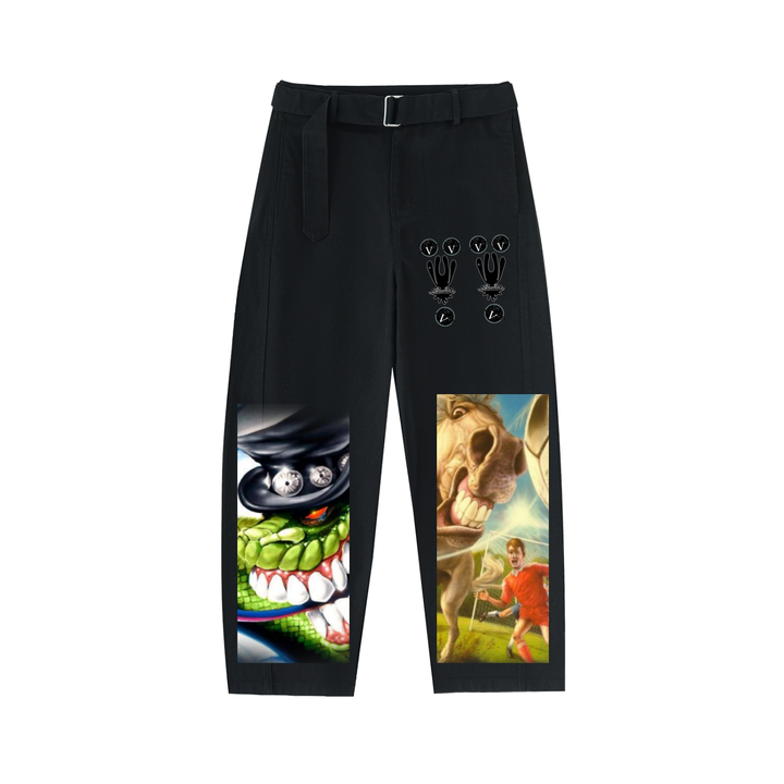 Twisted-Seam Belted Curved-Blade Pants