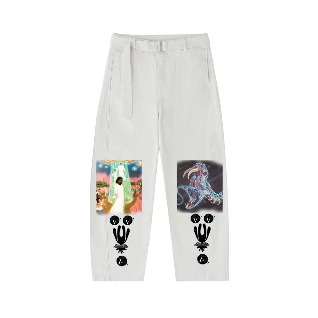 Twisted-Seam Belted Curved-Blade Pants