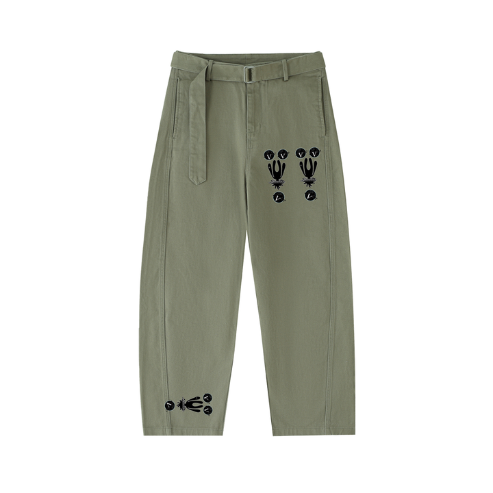 Twisted-Seam Belted Curved-Blade Pants