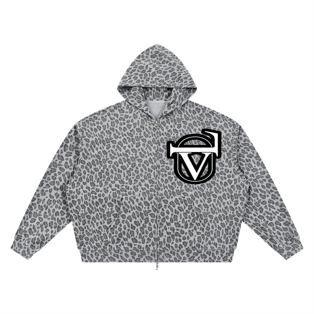 Unisex Leopard Print Waffle Full Zip Hoodie