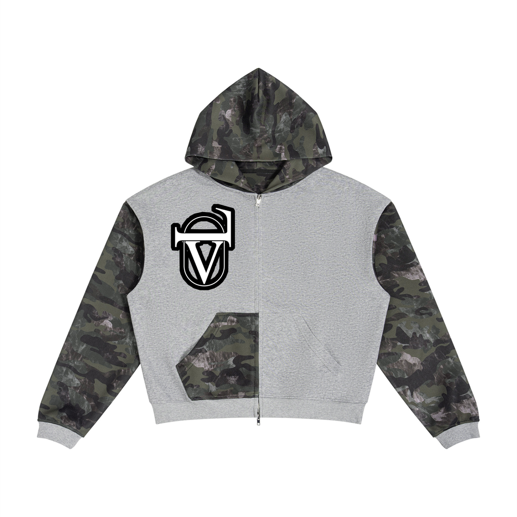 Unisex Colorblock Camo Full Zip Boxy Hoodie