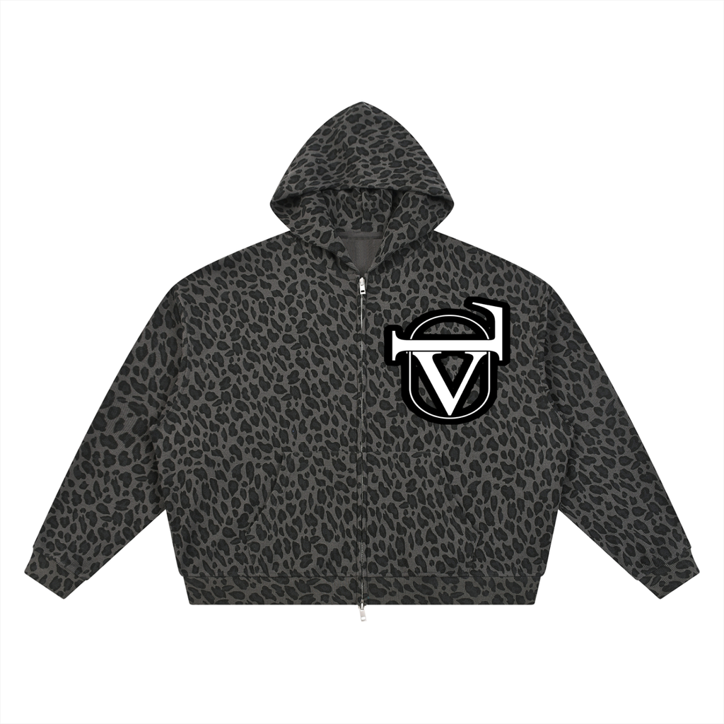 Unisex Leopard Print Waffle Full Zip Hoodie