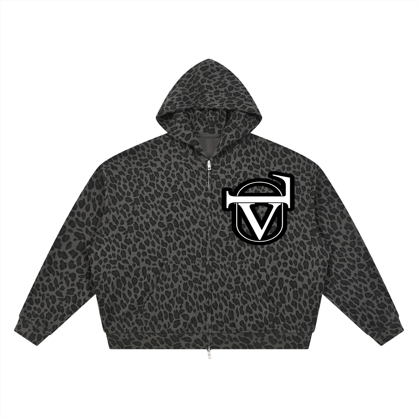 Unisex Leopard Print Waffle Full Zip Hoodie
