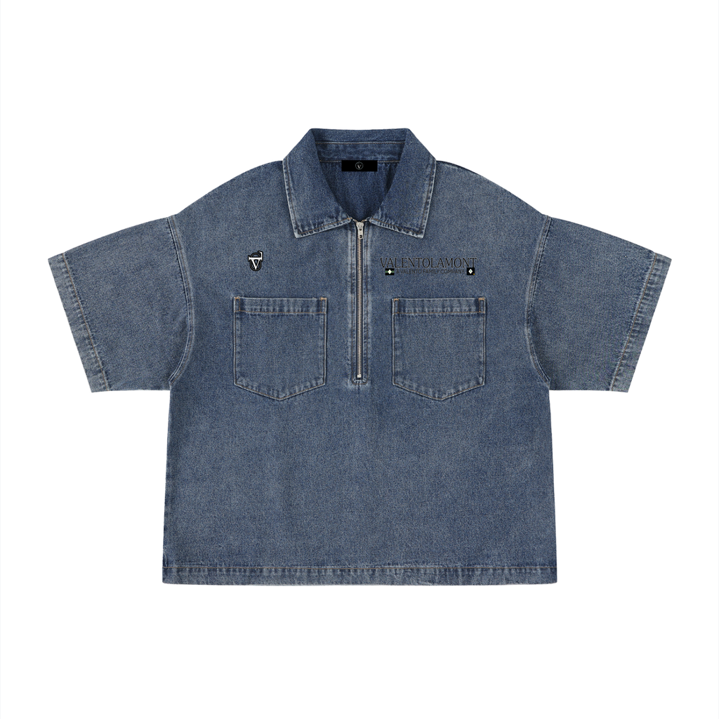 Unisex Vintage Wash Boxy Quarter-Zip Denim Shirt