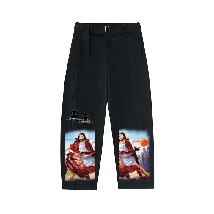 Twisted-Seam Belted Curved-Blade Pants