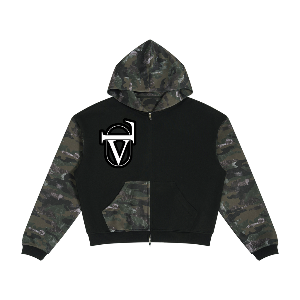 Unisex Colorblock Camo Full Zip Boxy Hoodie