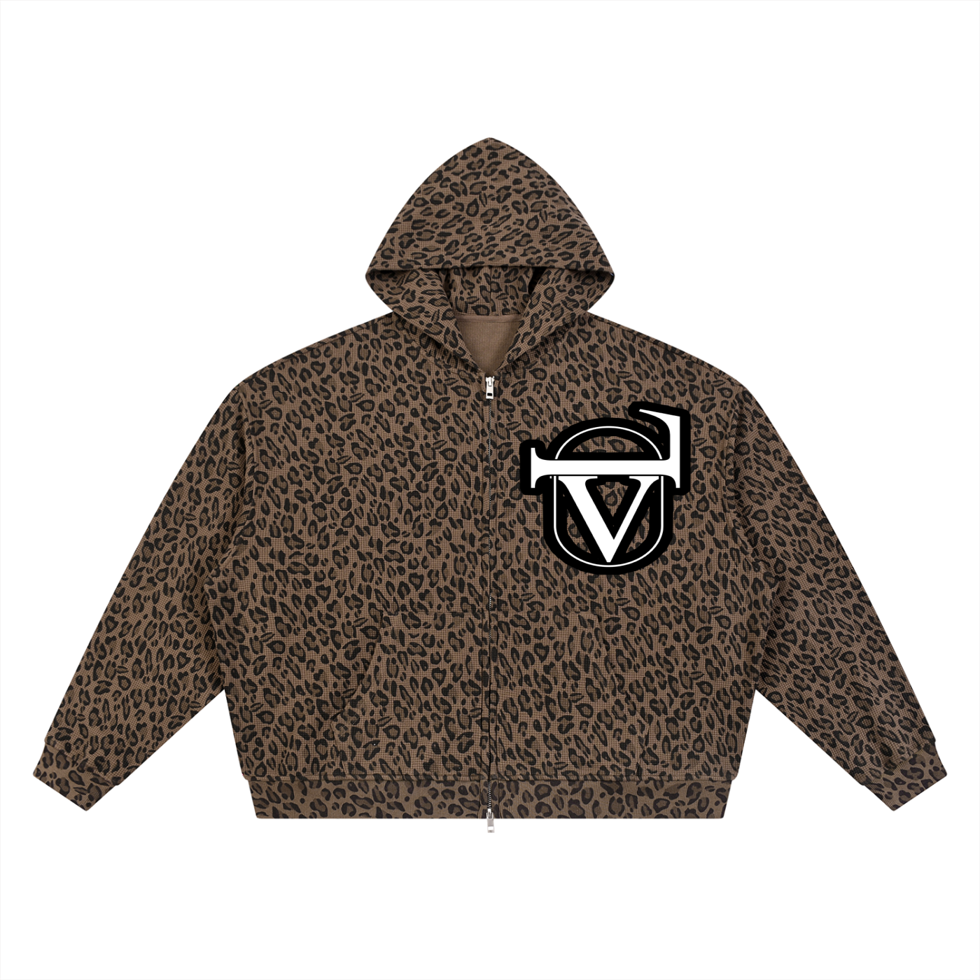 Unisex Leopard Print Waffle Full Zip Hoodie