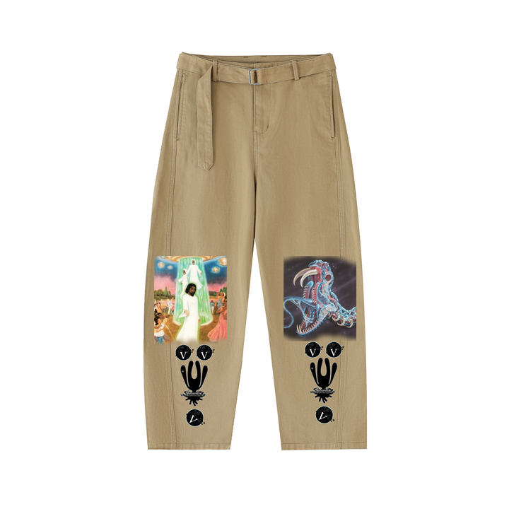 Twisted-Seam Belted Curved-Blade Pants