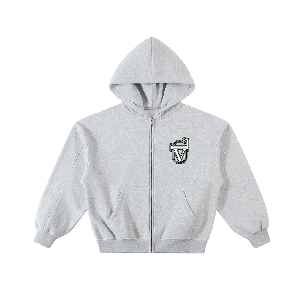 Contrast-Stitched Boxy Fleece Zip Hoodie