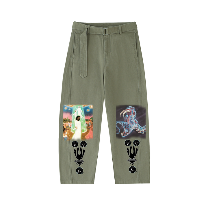 Twisted-Seam Belted Curved-Blade Pants