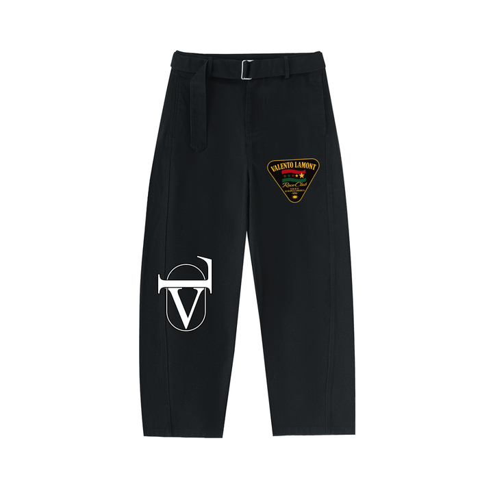 Twisted-Seam Belted Curved-Blade Pants