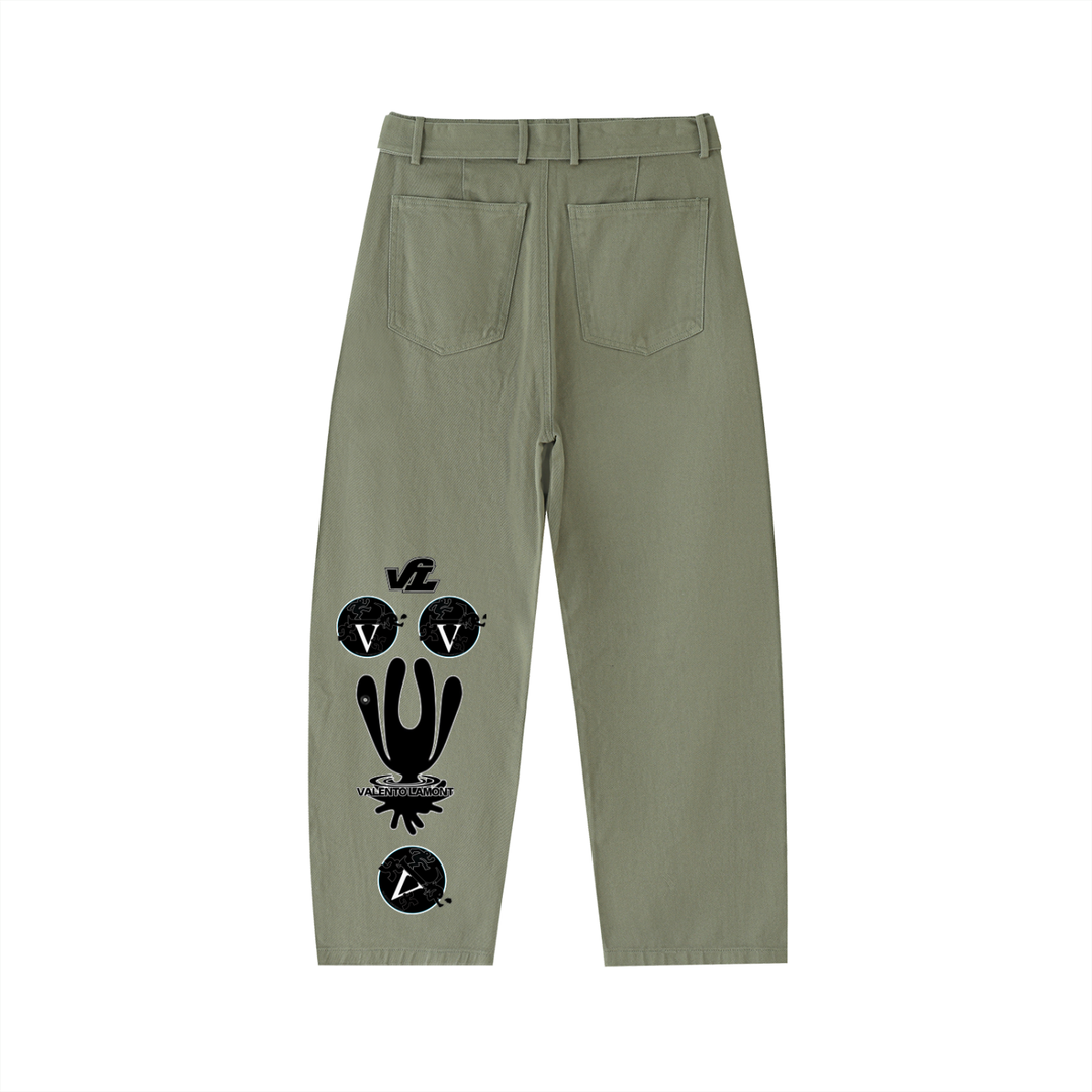 Twisted-Seam Belted Curved-Blade Pants