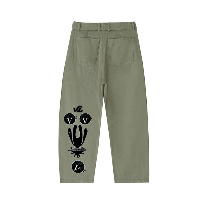 Twisted-Seam Belted Curved-Blade Pants