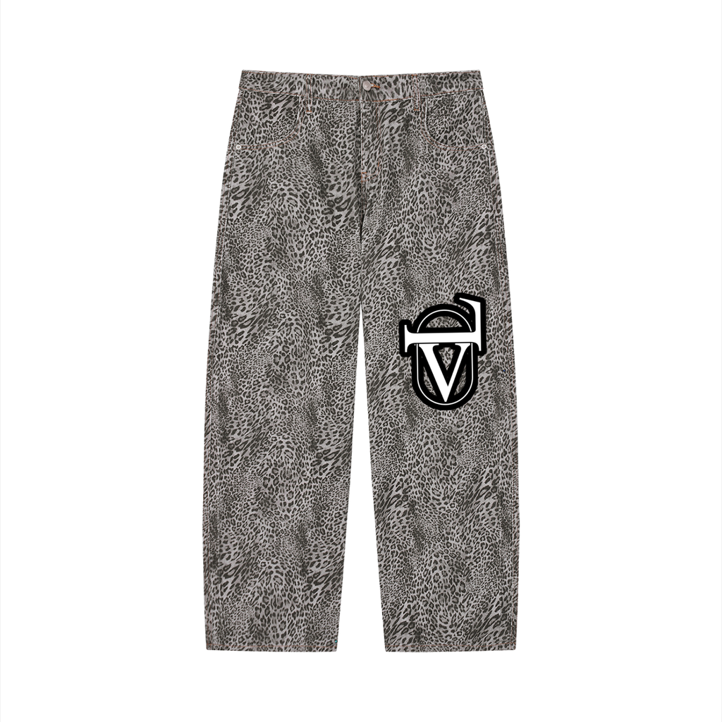 Unisex Vintage Wash Leopard Wide Leg Jeans