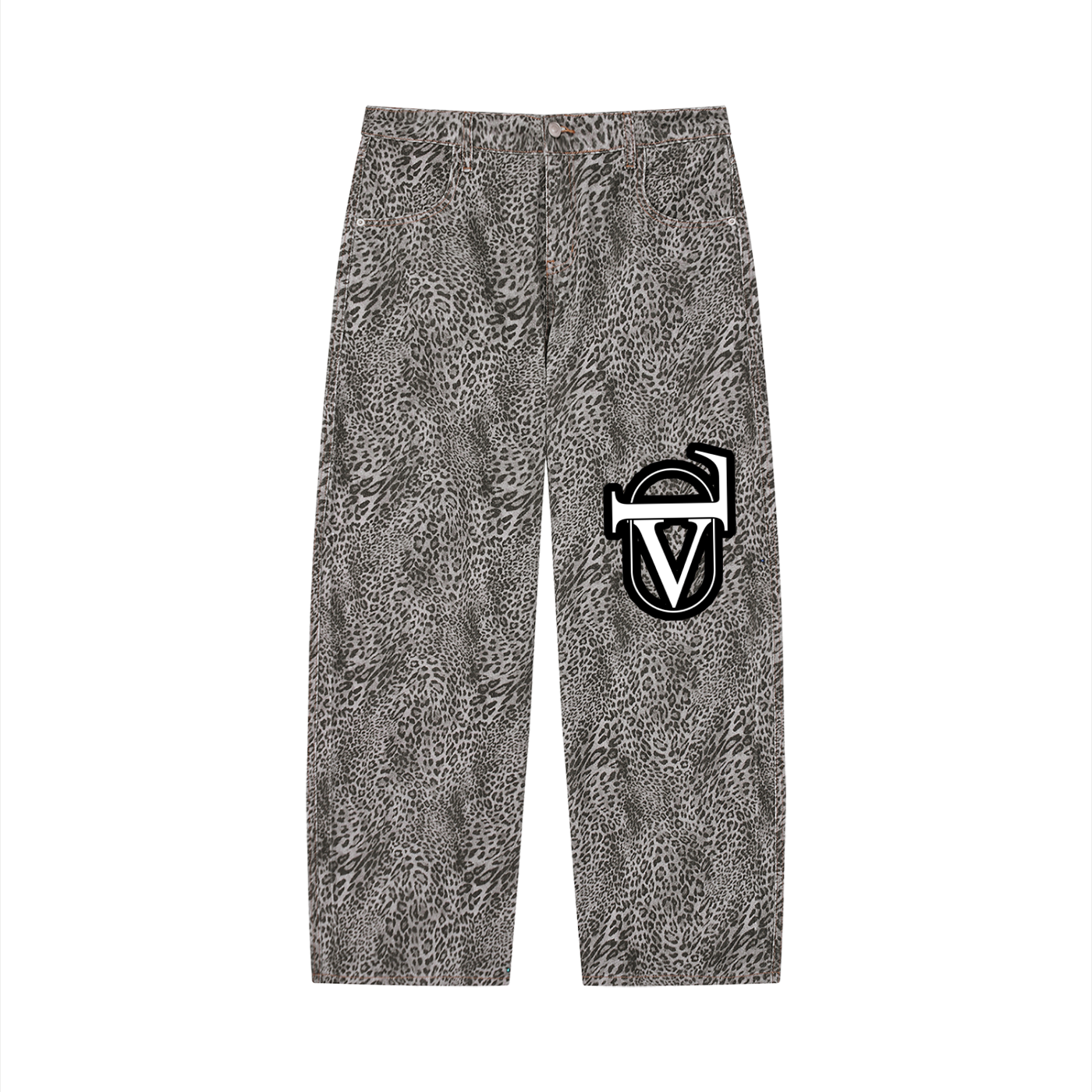Unisex Vintage Wash Leopard Wide Leg Jeans