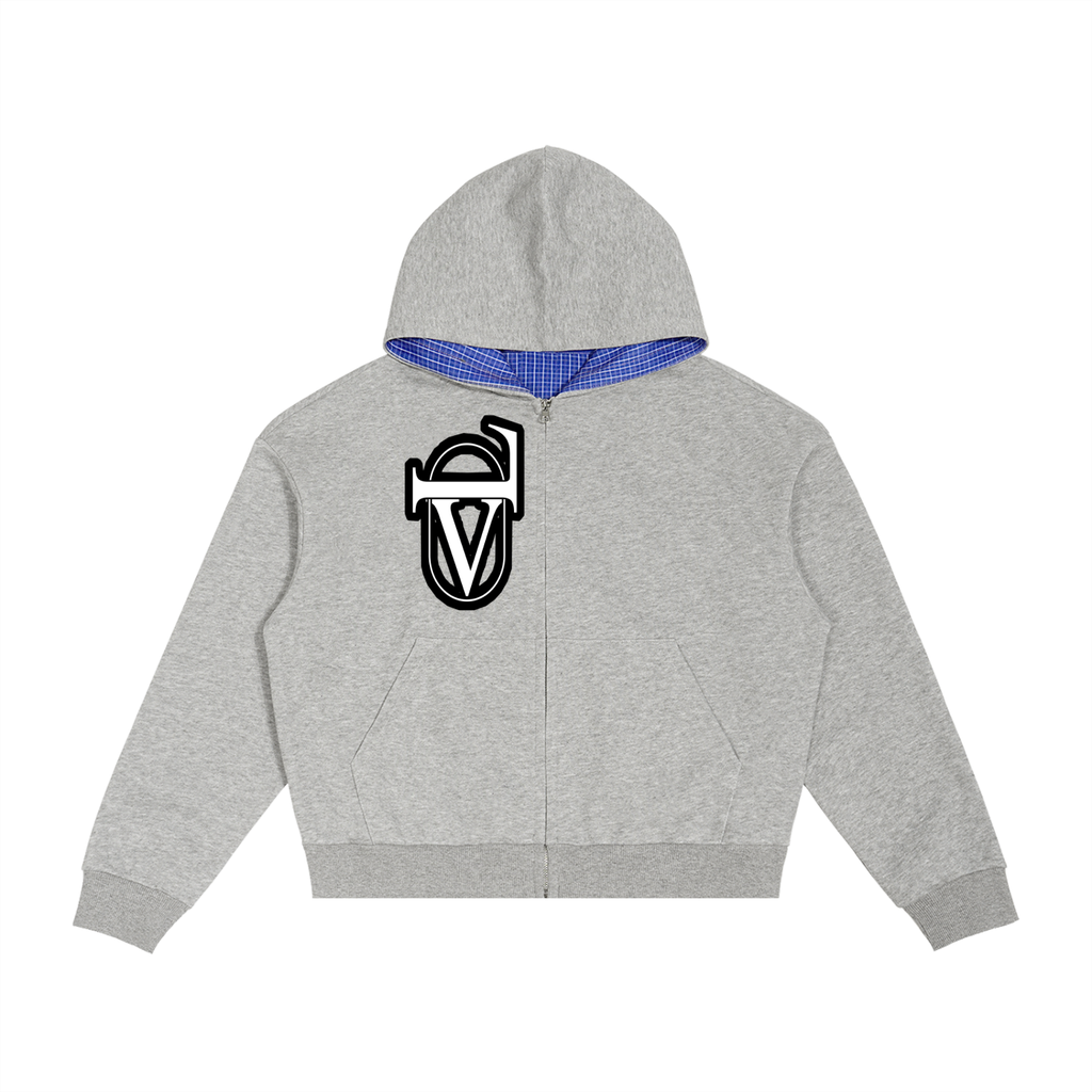 Contrast Plaid Boxy Zip Hoodie