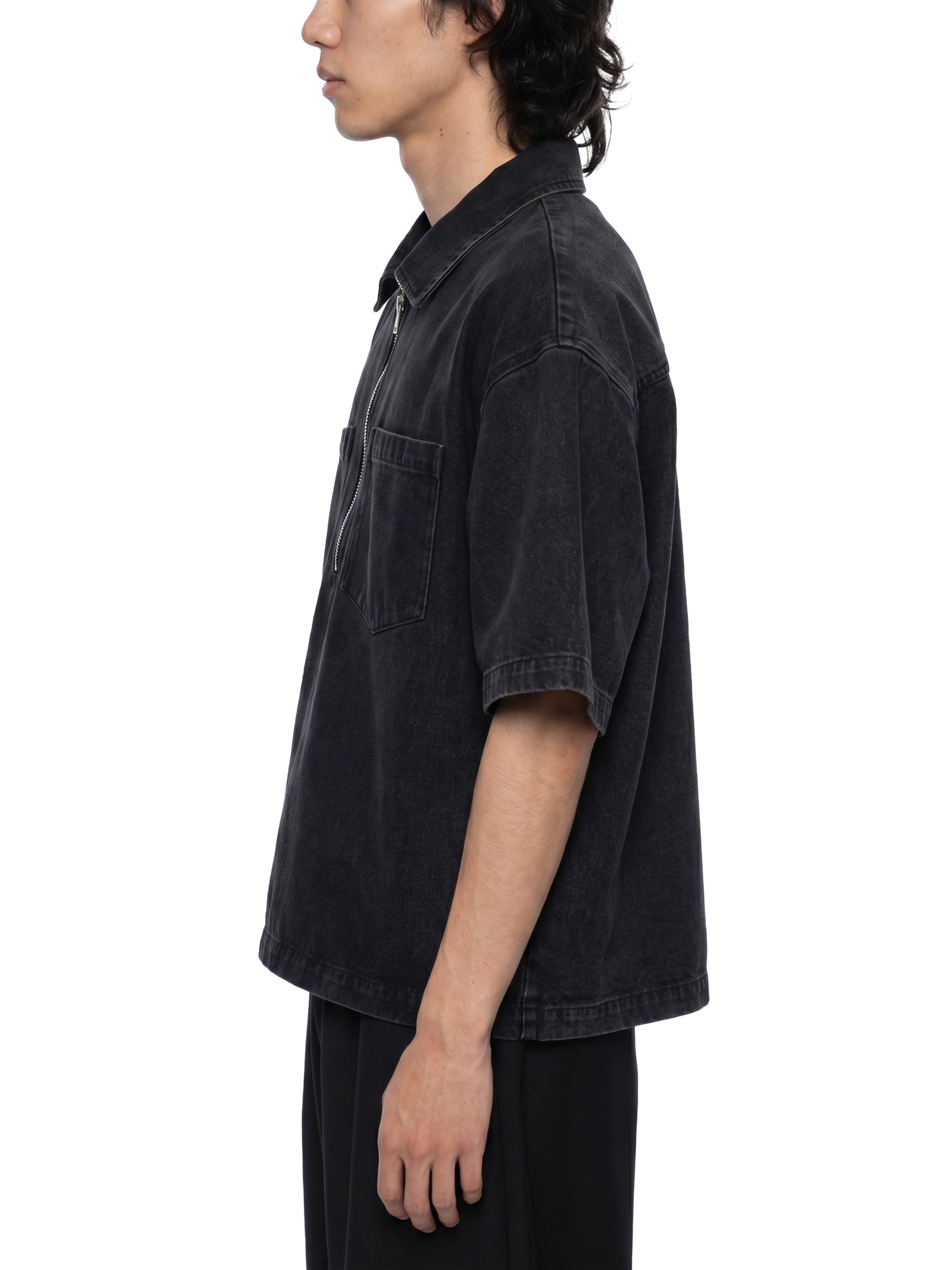 Unisex Vintage Wash Boxy Quarter-Zip Denim Shirt