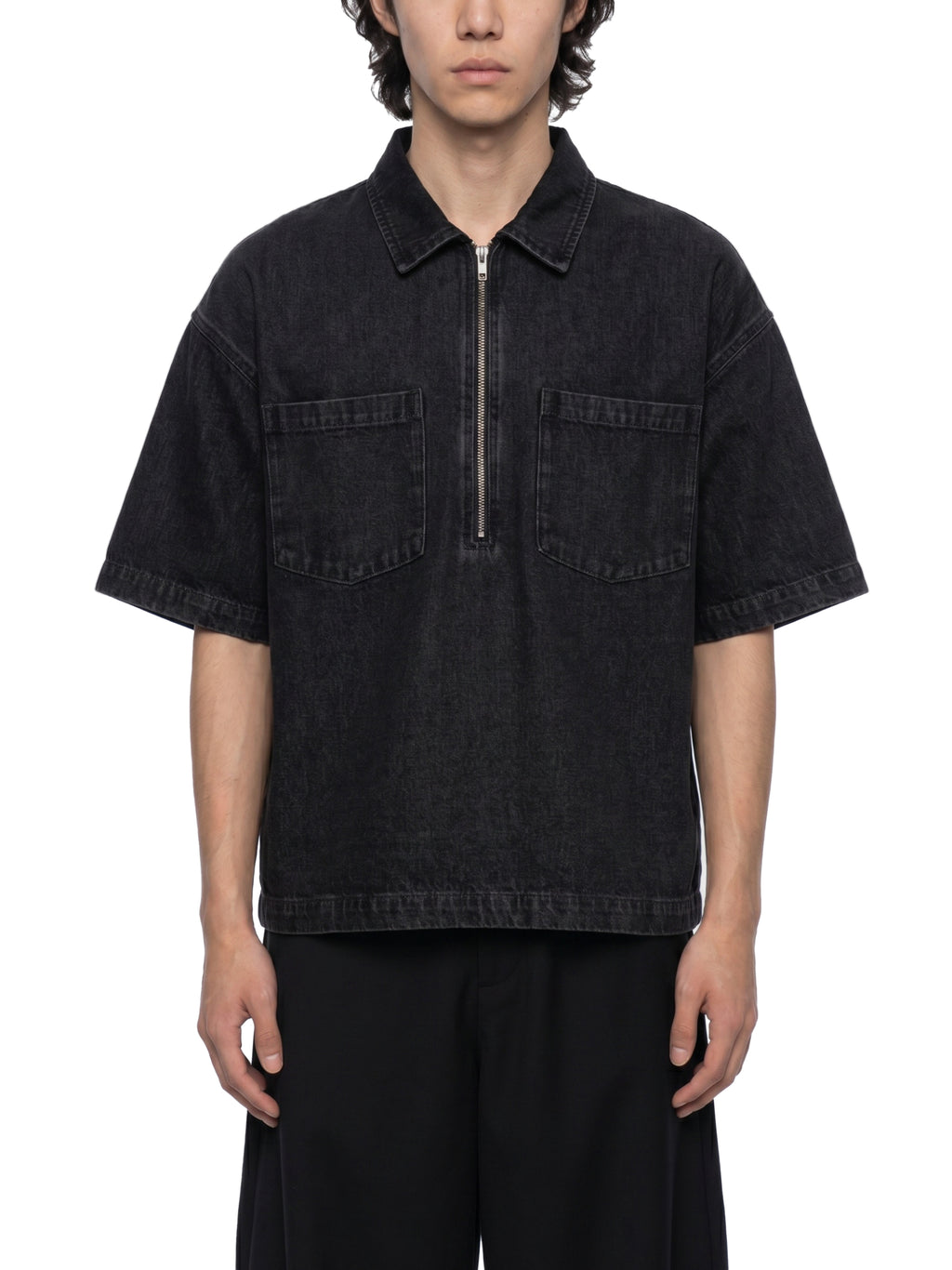 Unisex Vintage Wash Boxy Quarter-Zip Denim Shirt