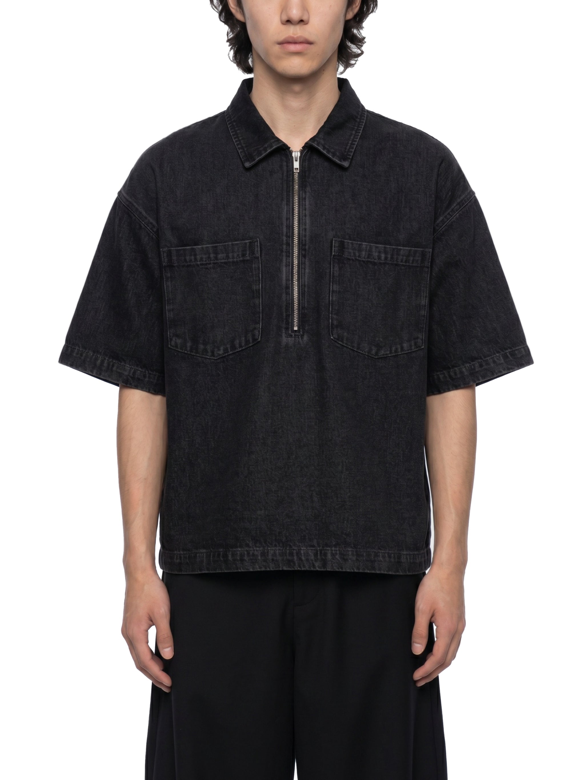 Unisex Vintage Wash Boxy Quarter-Zip Denim Shirt
