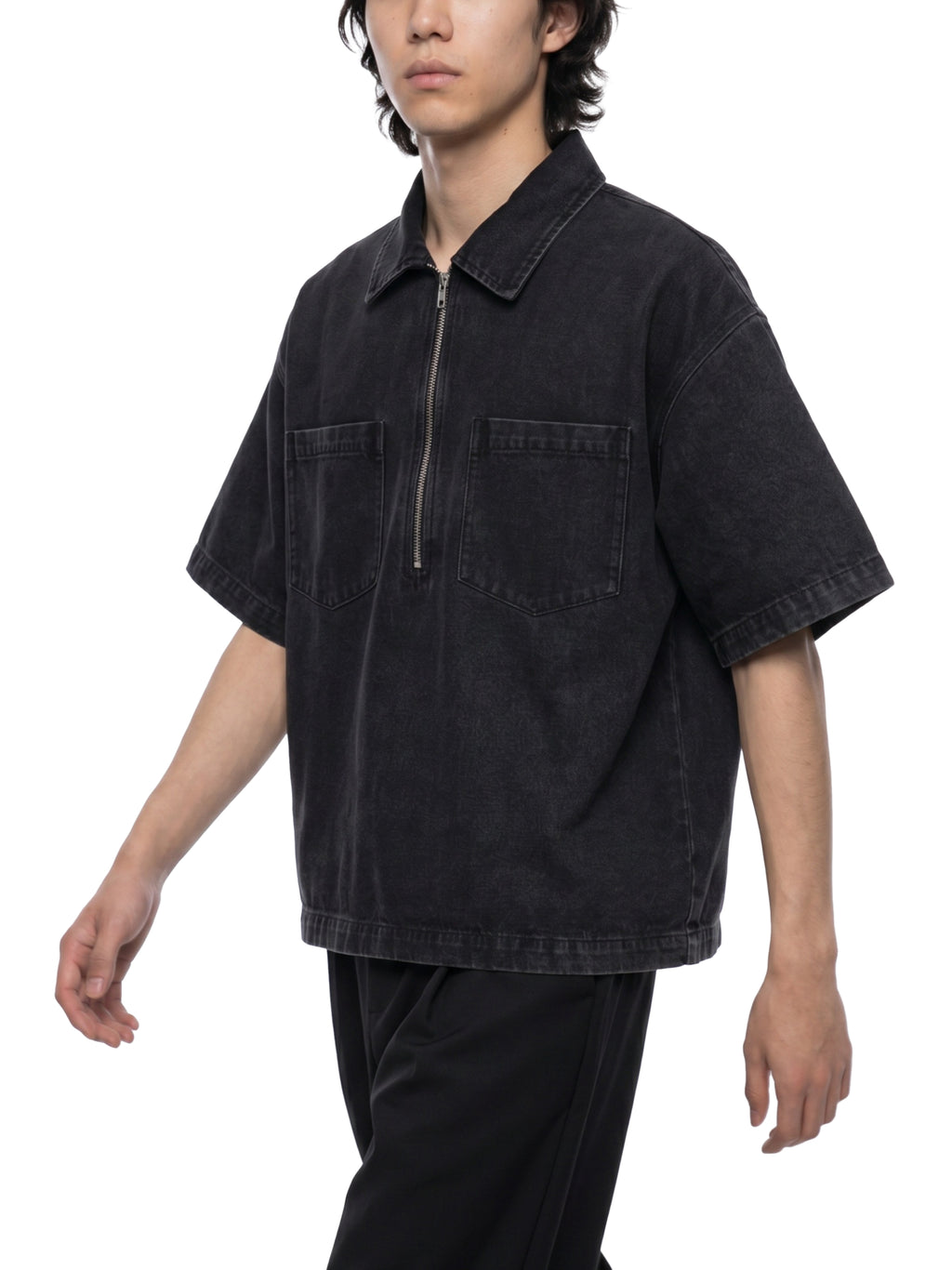 Unisex Vintage Wash Boxy Quarter-Zip Denim Shirt