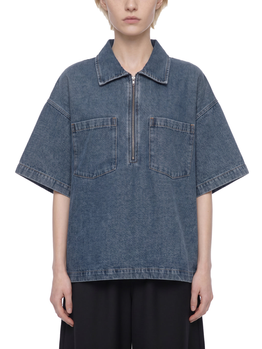 Unisex Vintage Wash Boxy Quarter-Zip Denim Shirt