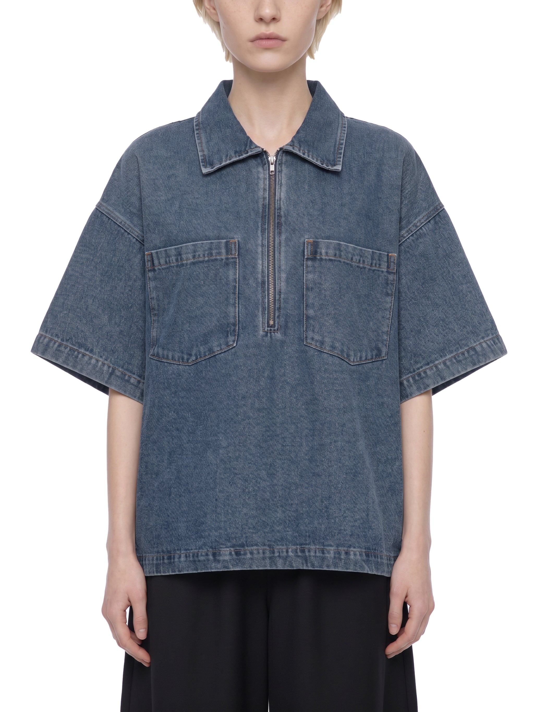 Unisex Vintage Wash Boxy Quarter-Zip Denim Shirt