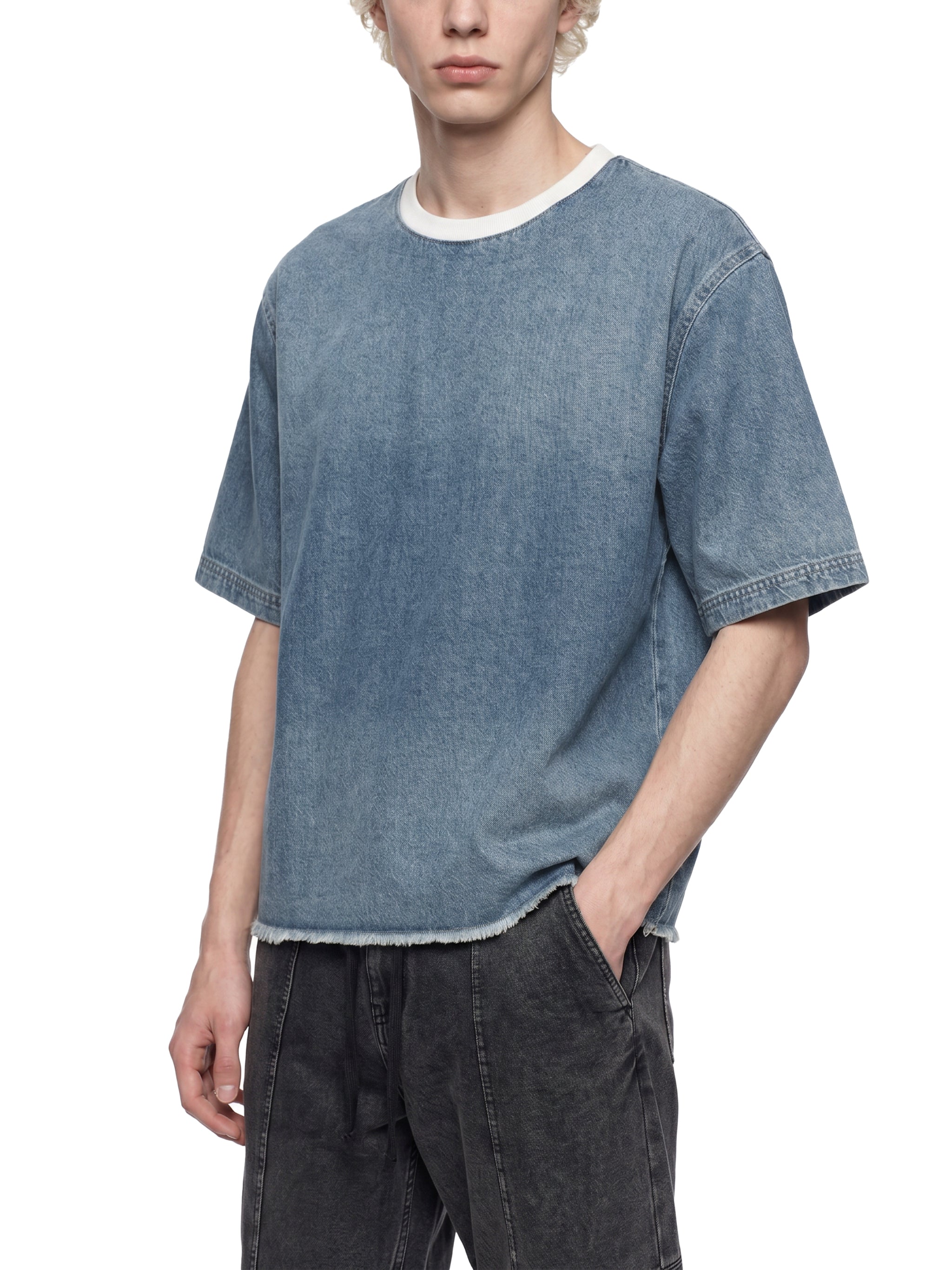 Unisex Vintage Wash Boxy Raw Hem Denim T-Shirt