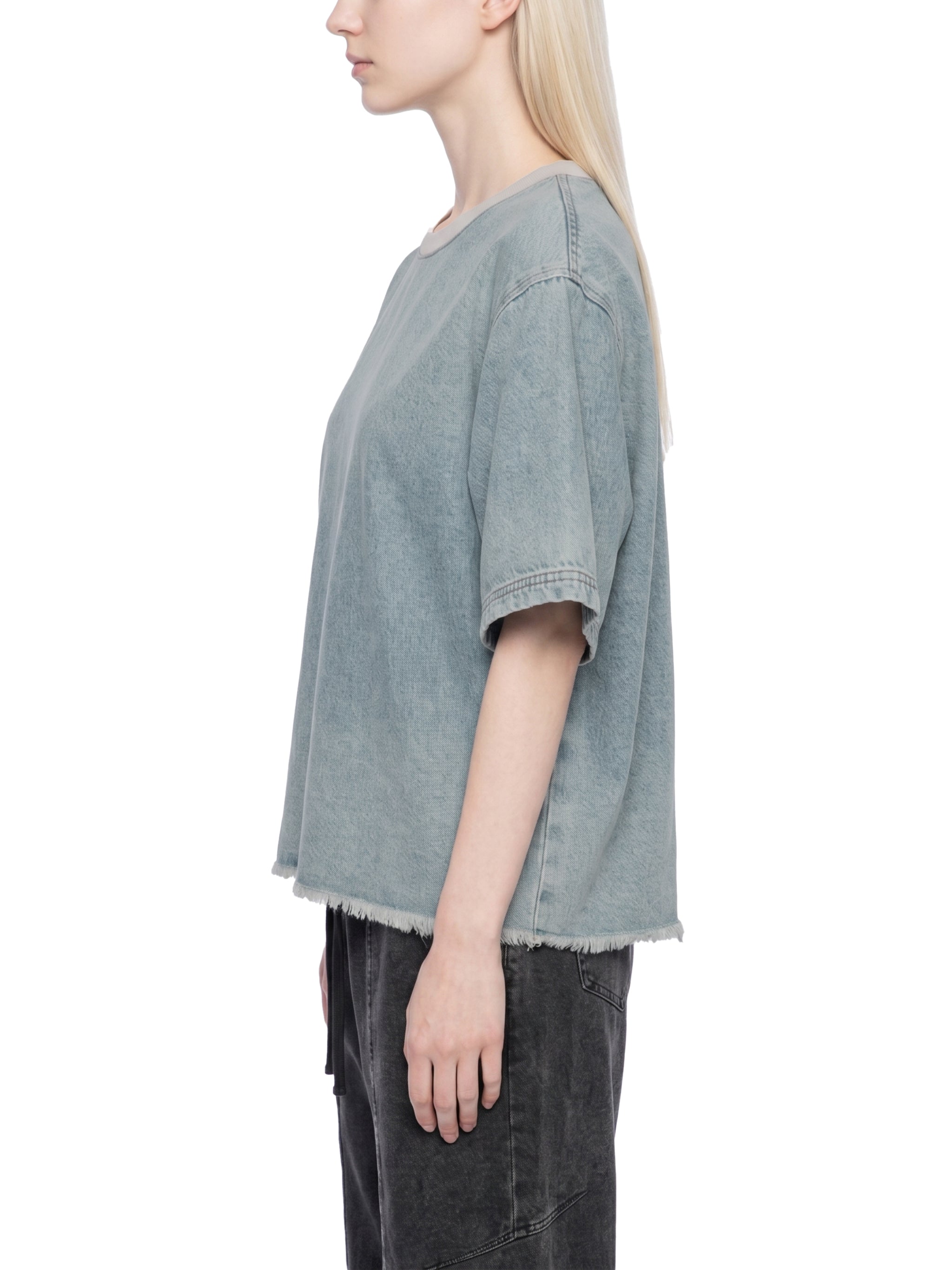 Unisex Vintage Wash Boxy Raw Hem Denim T-Shirt